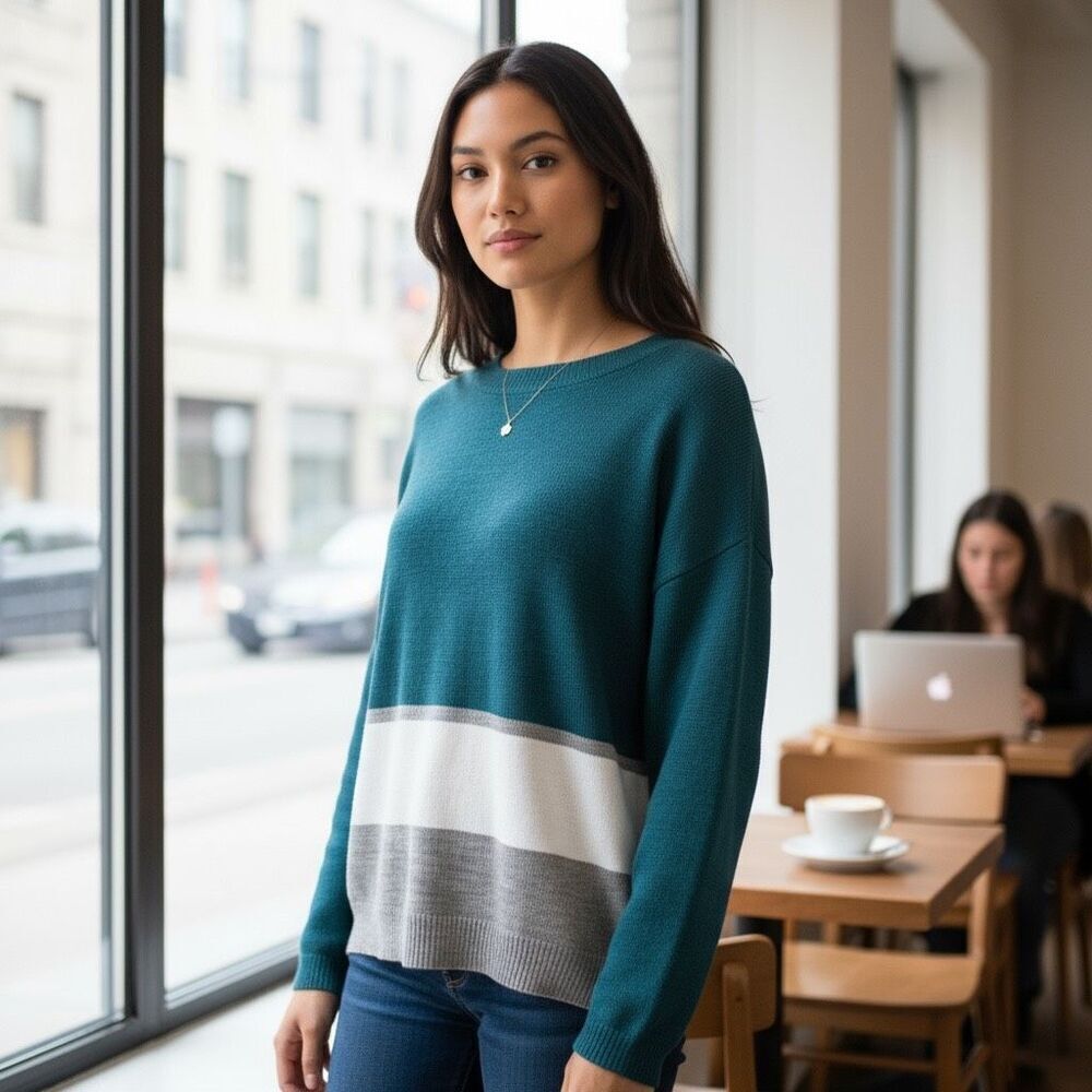 Eddie Bauer Teal Gray‎ White Color Block Sweater Medium